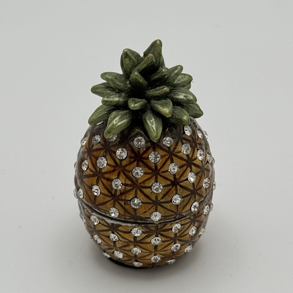 Vintage 1990s Pineapple Bejeweled Enameled Petite Metal Trinket‎ Or Pill Box